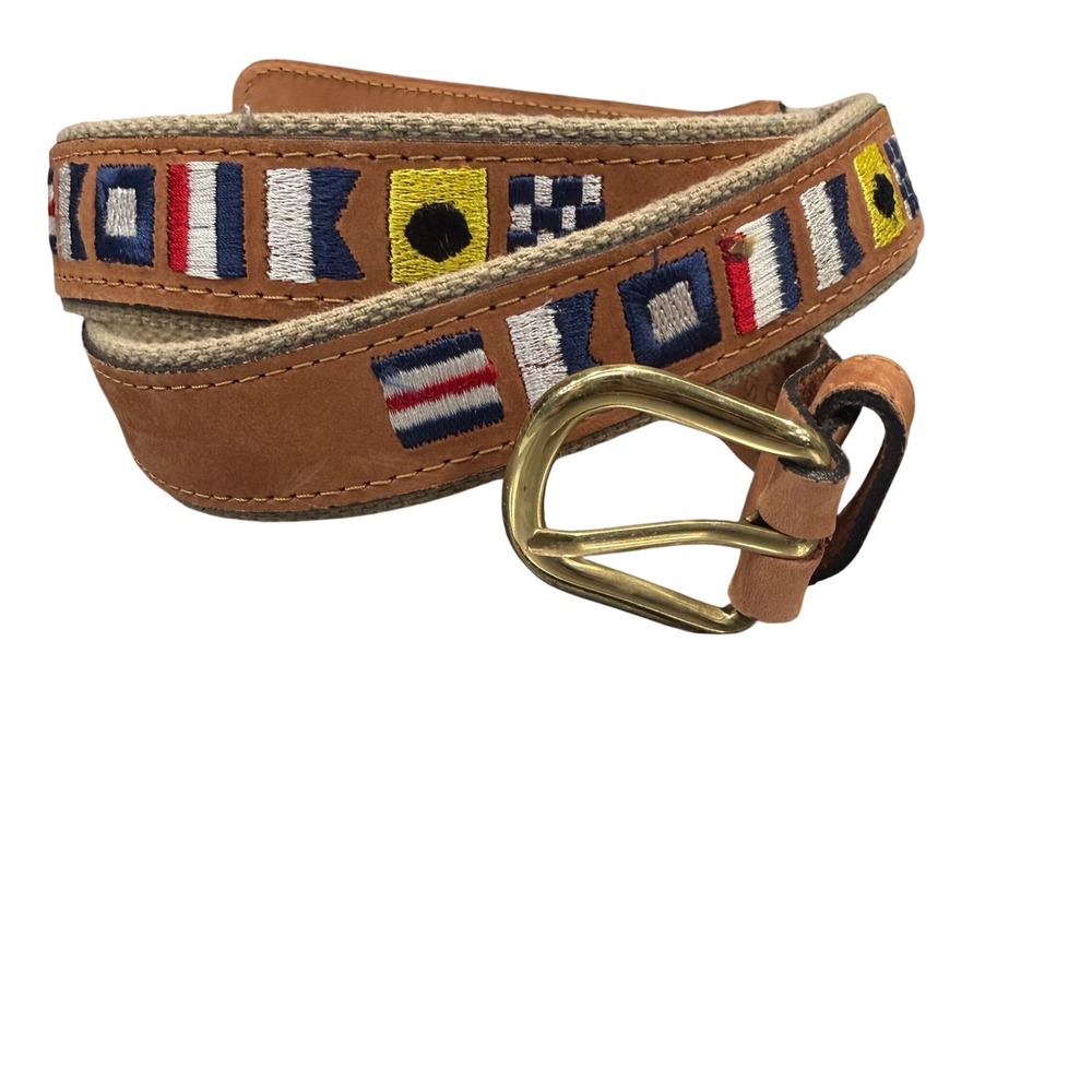 Zep-Pro Nautical Signal Flag Belt Mens 42 Tan Excellent Leather Canvas Brass USA